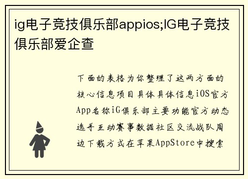 ig电子竞技俱乐部appios;IG电子竞技俱乐部爱企查